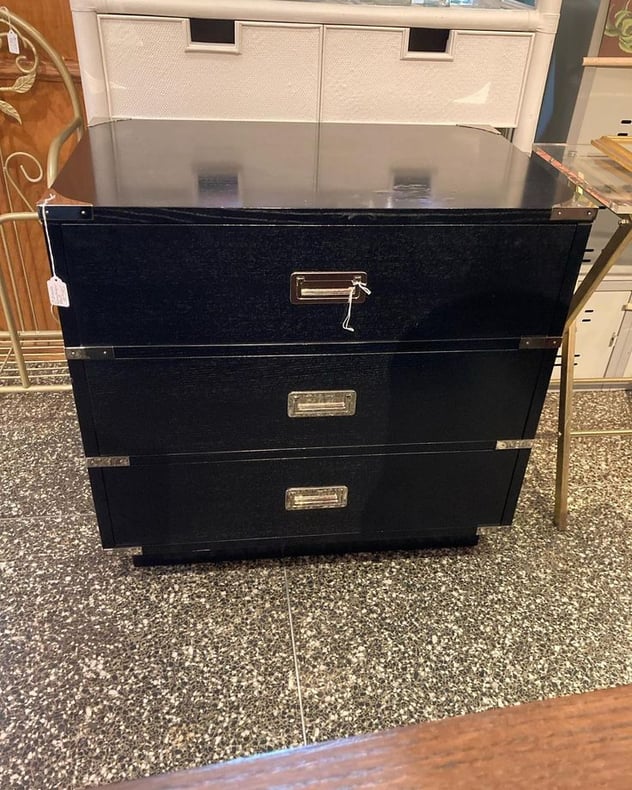 Black 3 drawer campaign style chest 30” x 19.25” x 28.5” Call 202-232-8171 to purchase