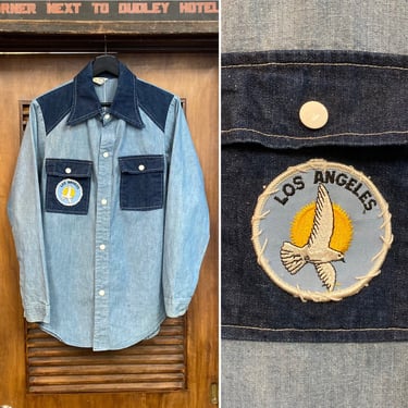 Vintage 1970’s Two-Tone Hippie Disco Peace Denim Los Angeles Cowboy Style Shirt, 70’s Snap Button Shirt, Vintage Clothing 