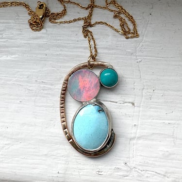 Three Stone Scoop Pendant Unfinished Journey Abstract one of a kind turquoise and aurora opal silver and gold necklace 