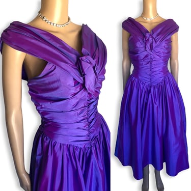 Vintage 1980's Violet Purple Blue Sharkskin Taffeta Pleated Cocktail Party Dress - size Small 