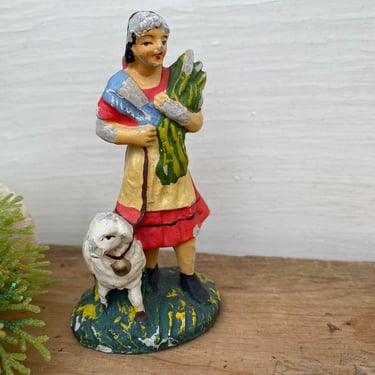 Vintage Country Girl With Lamb, Italian Chalkware Figurine, Chippy Farm Girl, Farmhouse Decor, Miniature, Small Figure By Lucca 