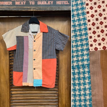 Vintage 1960’s Mod Patchwork Ivy League Color Block Custom Shirt, 60’s Camp Collar Shirt, Vintage Clothing 
