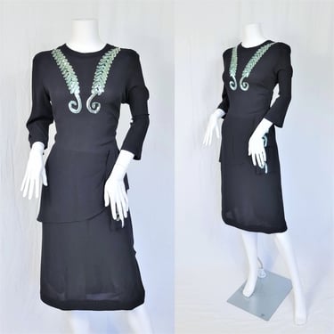 1940's Black Rayon Crepe Dress I Peplum I Mint Green Sequin I Sz Lrg 