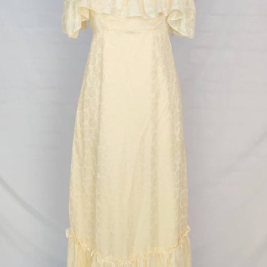 Vintage 70s 80s Yellow Jacquard Ruffled Top Maxi Dress // Floor Length Off-The-Shoulder 