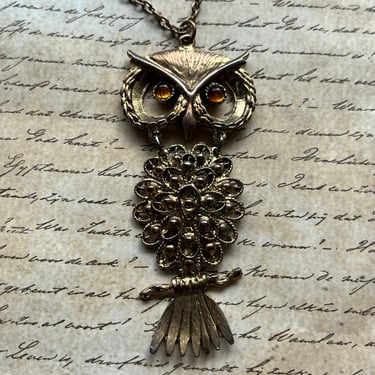 vintage boho owl necklace 1970s orange eye segmented pendant and chain 
