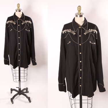 1990s Y2K 2000s Black and Gold Novelty Music Note Embroidered Long Sleeve Western Pearl Snap Shirt -XXL and L 