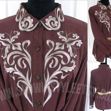 Bob Mackie Vintage Retro Women's Cowgirl Western Shirt, Western Blouse, Deep Brown with Gold Embroidery, Tag Size Large (see meas. photo) 