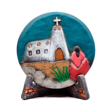 VINTAGE: Small 3.25" Ceramic Plate with Stand - Hand Made and and Hand Painted - Church - SKU 14-E1-00014925 