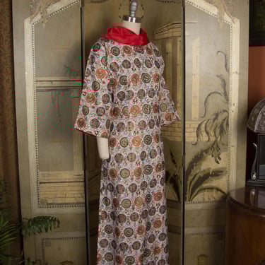 MEMORIAL WEEK SALE - Vintage 1960s Wide Sleeve Lounge Dress in Chinese Print with Red Collar - Item #221 