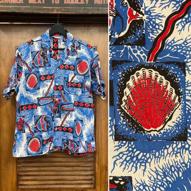 Vintage 1950’s Underwater Fish Cotton Short Sleeve Rockabilly Hawaiian Shirt, 50’s Loop Collar Shirt, Vintage Clothing 