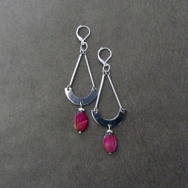 Stainless steel geometric earrings, mid century modern, minimalist, simple unique artisan earrings, pink mother of pearl 