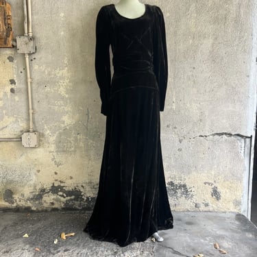 Vintage 1930s Black Silk Velvet Dress Plush Long Sleeves Full Length Art Deco