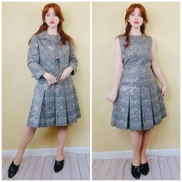 1960s Vintage Silver Dynasty Hong Kong  Brocade Dress Set / Vintage Pleated Skirt Metallic Cocktail Gown With Matching Jacket / Large 