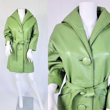 1960's Celadon Green Leather MOD Jacket Coat I Sz Med I Mid Length I 