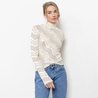 WHITE LACE TURTLENECK Sheer Delicate Zig Zag Long Sleeves Vintage Metallic Cream / Small 