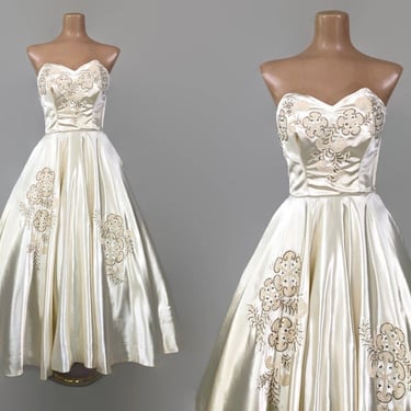 VINTAGE 50s Slipper Satin Sweetheart Petal Bust Strapless Beaded Dress | 1950s Full Sweep Wedding Bridal Gown With Attached Crinoline 