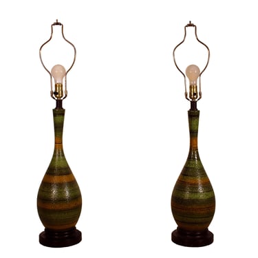 Pair of Mid Century Modern Green Striped Ceramic Lamps 
