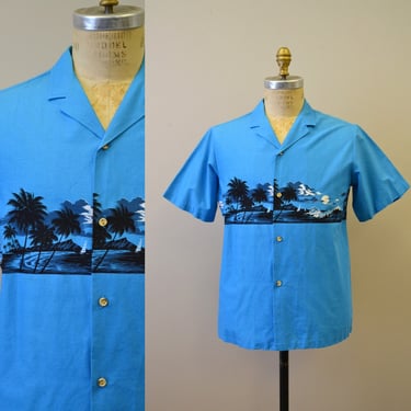 1980s Mark Raysten Malihini Turquoise Hawaiian Shirt 
