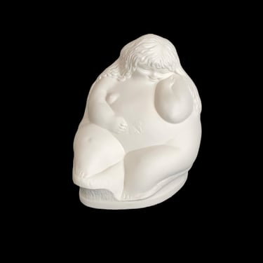 Vintage Matte White Porcelain Sculpture Plump Bashful Sleeping Nude Fat Lady with Leaf Las Gordas by Ricardo Mesa 