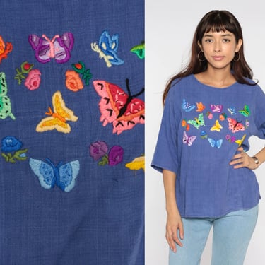 90s Butterfly Shirt Floral Blue Woven Tee Embroidered Flower Blouse 1990s Girly Short Sleeve TShirt Vintage Retro Kawaii Top Nature Large L 