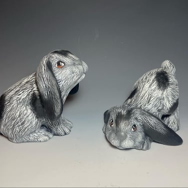 Vintage Pair of Grey and Black, Handmade Ceramic Rabbit Figurines 