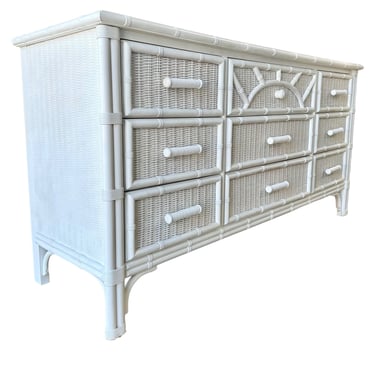Henry Link Wicker Dresser with Sunburst Faux Bamboo and 9 Drawers - Vintage White Rattan Coastal Boho Chic Style Furniture 