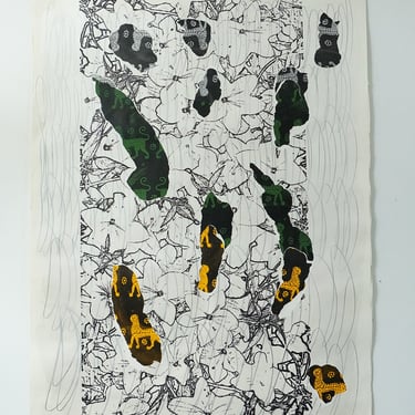 Large Decollage Silver Flowers / Cats (signed)