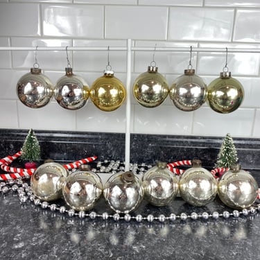 Vintage Shiny Brite Silver & Gold Glass ball Ornaments Pre WWII USofA caps, Silver Gold Christmas Decor Red Uncle Sam Santa Shiny Brite Box 