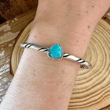 TURQUOISE TRIANGLE Small Sterling Silver Cuff | Dainty Matte Silver Bracelet | Southwestern Jewelry | 14g 