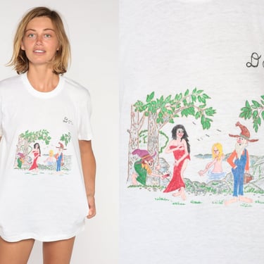 Skinny Dipping Shirt 80s Hickock Family Reunion 1988 T-Shirt Funny Nudist Naturist Hand Drawn Graphic Tee White Vintage 1980s Medium 