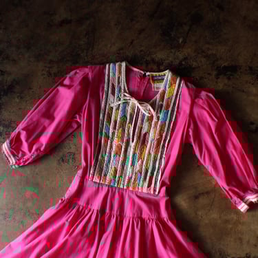 Embroidered Cotton DRESS , Bright Pink Full Skirt Dress , Mexican Dress , Women's Small 