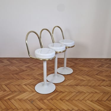 1 of 3 Vintage White & Gold Bar Stools with Back / Counter Height Stools / Mid Century Modern Bar Chairs / Yugoslavia / 1970s 