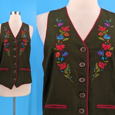 Vintage 80s George Georgiou Size 4 Green Embroidered Silk Button Front Vest 