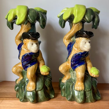 Pair of Porcelain Monkey Figurines. Ceramic Monkey Statue. Grandmillennial Decor 