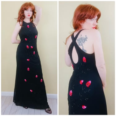 Y2K Vintage Sue Wong Nocturne Mesh Nylon Maxi Dress / Black and Pink Magical Velvet Leaf Beaded Creeping Vine Gown / Medium 