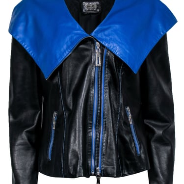 Giorgio Rotti - Black Leather Moto Jacket w/ Blue Lining Sz 16