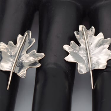 60's abstract sterling leaf asymmetrical studs, mid-century JW 925 silver maple leaves earrings 