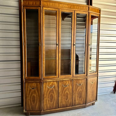 1970s Mid Century Modern Drexel "Accolade" Campaign Style 2-Piece Lighted China Cabinet 