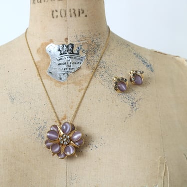 vintage 1950s jewelry set • gold fill & moon glow glass necklace and earrings set with rhinestones 