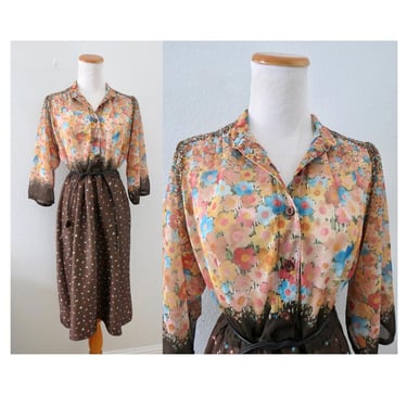 Vintage 70s Sheer Floral Dress - 1970s Bohemian Flower Print Midi Shirtdress - Boho Summer Dress - Size Large 