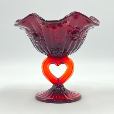 Vintage Fenton Glass Ruby Red Cabbage Rose Pedestal Bowl, Heart, Scalloped Edge Footed Compote Dish with Roses & Flowers, Vintage Glassware 