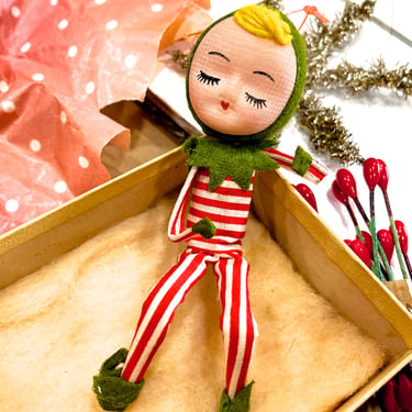 VINTAGE: 1950s - Felt Elf Pixie Christmas Ornament - Holidays - Mad in Japan - Rare PIXIE - SKU Tub-28-00034487 