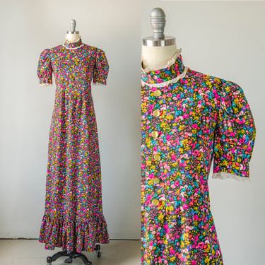 1970s Maxi Dress Micro Floral Cotton S 