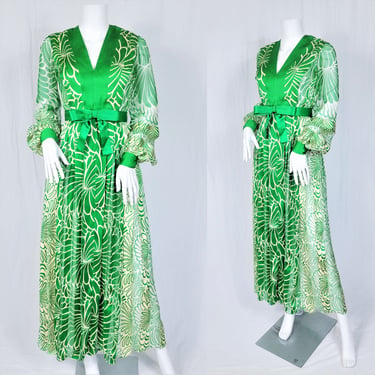 Elinor Simmons for Malcolm Starr 1970's Green Chiffon Swirl Print Silk Long Maxi Dress I Sz Med 