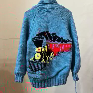 Med, Vintage Zip Up Blue Train Picture Knit Sweater, S4 