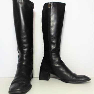 Vintage 90s Angela Falconi Knee High  Boots, 6 1/2 Women, Black Leather Suede, side zip 