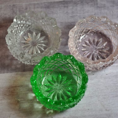 3 Lacy Daisy Open Salts Lot Circa 1912 Antique Set of 3" Clear Pink Green Uranium Glass Rare Collectible Westmoreland Glass Pin Dish 