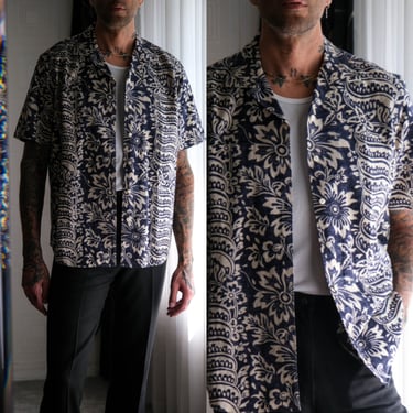 Vintage 90s POLO Ralph Lauren Bonnard Indigo Floral Linen Camp Collar Shirt | Linen/Cotton Blend | 1990s RL POLO Designer Mens Aloha Shirt 