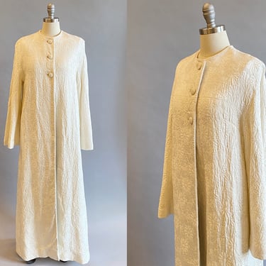 1960's White Brocade Maxi Coat / Wedding Coat / White Evening Coat by Andre / Size: Med/Lrg 