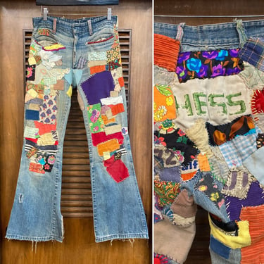 Vintage 1960’s w30 Amazing Patchwork Denim Hip Hugger Flare Hippie Boho Jeans, 60’s Custom Pants, Custom, Vintage Clothing 